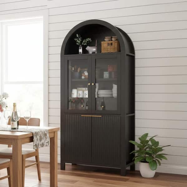 Marissa Modern Black Fluted 71 in. Tall Arched Kitchen Pantry Cabinet with Glass Door, Adjustable Shelves, Hidden Drawer