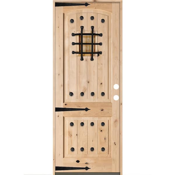 32 in. x 96 in. Mediterranean Knotty Alder Arch Top Left-Hand Inswing Unfinished Wood Single Prehung Front Door