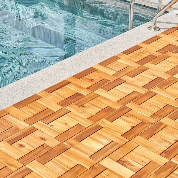 GOGEXX 12 in. x 12 in. Square Acacia Interlocking Flooring Garage Wooden Deck Tiles in Natural Patio/Balcony/Pool(Set of 10)
