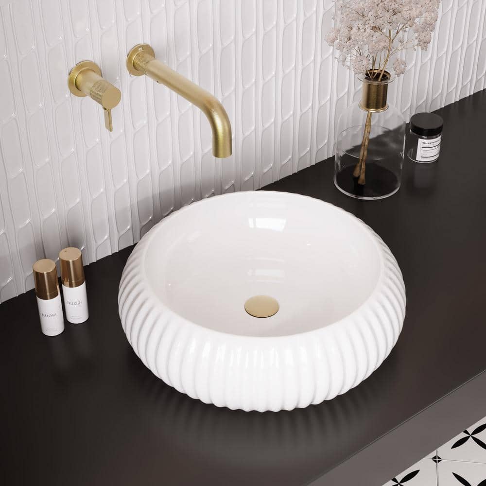 16" White Ceramic Circular Vessel Sink with Fluted Sides