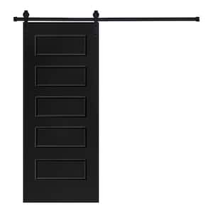 Modern 5-Panel Designed 80 in. x 30 in. MDF Panel Black Painted Sliding Barn Door with Hardware Kit