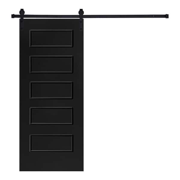 AIOPOP HOME Modern 5-Panel Designed 80 in. x 30 in. MDF Panel Black Painted Sliding Barn Door with Hardware Kit