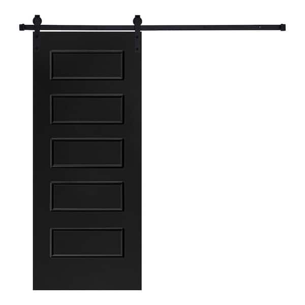 AIOPOP HOME Modern 5-Panel Designed 80 in. x 32 in. MDF Panel Black Painted Sliding Barn Door with Hardware Kit