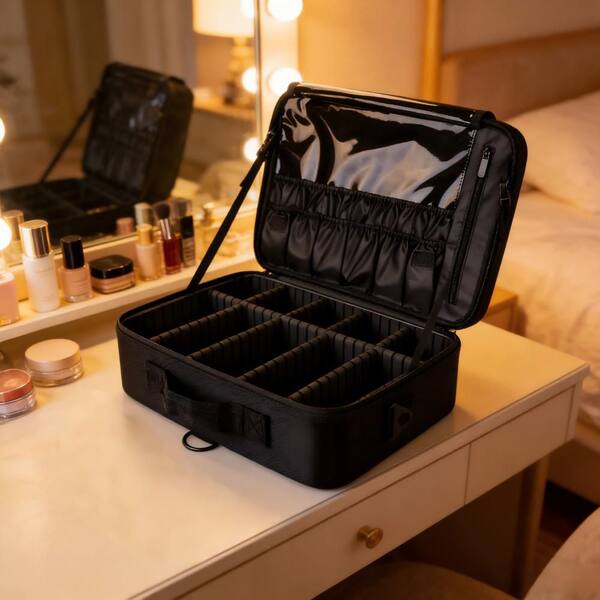 Wudkey Adjustable Travel Makeup Case, Waterproof Oxford Fabric Cosmetic Organizer with Dividers, Portable Shoulder Strap Bag