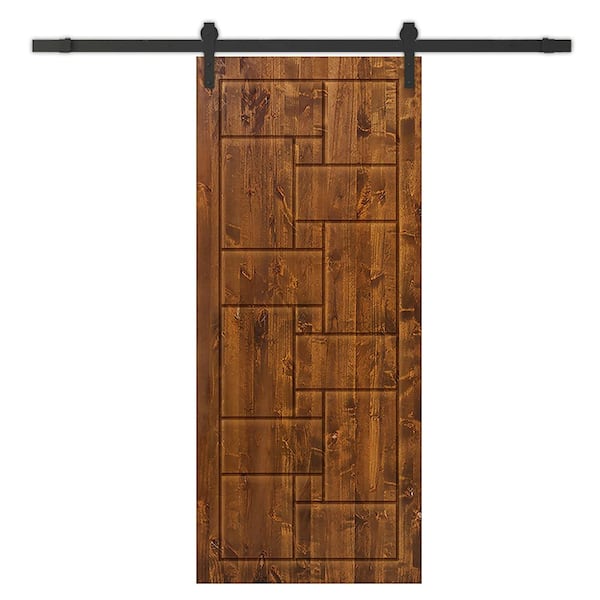 CALHOME 36 in. x 80 in. Walnut Stained Pine Wood Modern Interior Sliding Barn Door with Hardware Kit