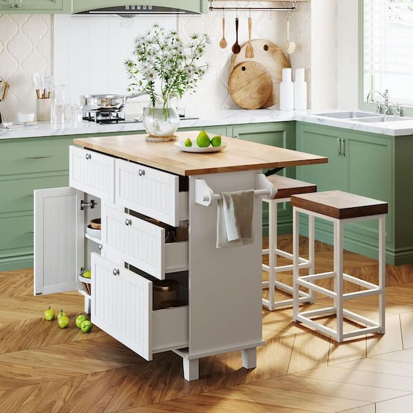 Oasis White Wood 50.3 in. Kitchen Island with Drop Leaf and 2 Seatings, Dining Table Set with Storage Cabinet, Drawers
