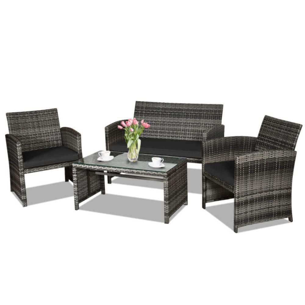 Black 4-Piece Rattan Patio Furniture Set with Glass Table