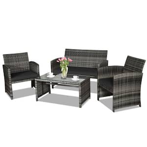 4-Piece Wicker Outdoor Conversation Furniture Set with Black Cushions and Tempered Glass Table