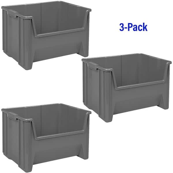 13017 Plastic Stak-N-Store Storage Container Bins, 15 in. x 20 in. x 12 1/2 in. Grey, 3-Pack