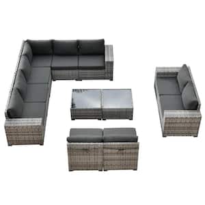 Tahoe Grey 12-Piece Wicker Wide Arm Outdoor Patio Conversation Sofa Seating Set with Black Cushions