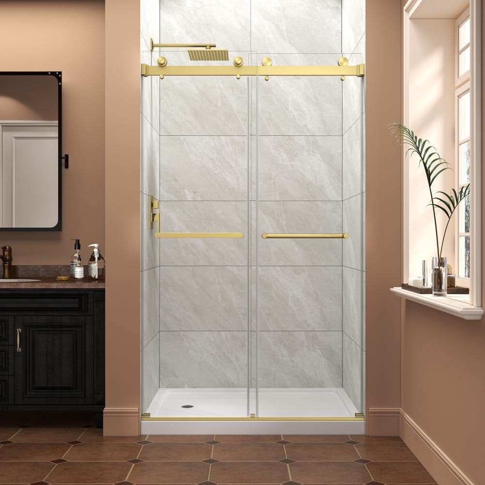 "43-48""W x 76""H Frameless Double Bypass Sliding Shower Door Brushed Gold 8mm Glass Nano Explosion-proof Film" price history on PriceWatchPro