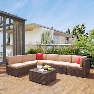 7-Piece Brown Wicker Outdoor Sectional Set with Beige Cushions and Coffee Table