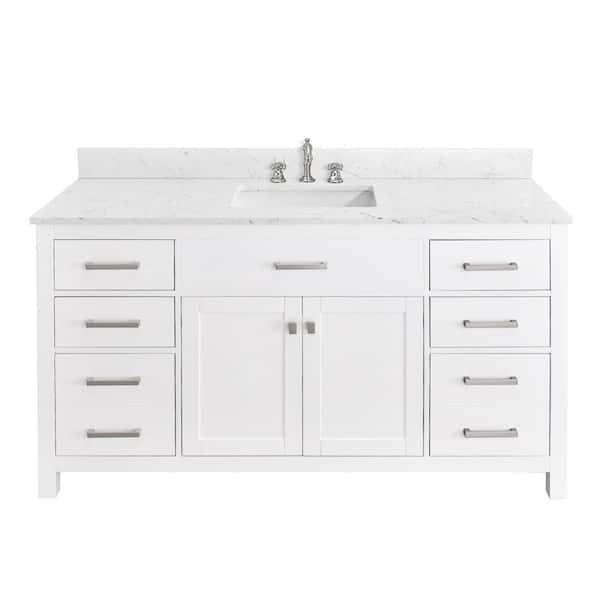 Covento 60 in. W x 22 in. D Freestanding White Bath Vanity with Pulsar White Engineered Stone Top Single Retacgular Sink