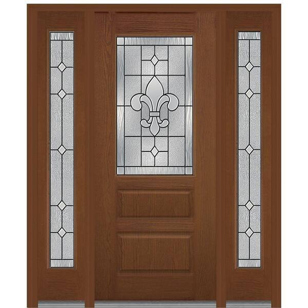 MMI Door 64 in. x 80 in. Carrollton Right-Hand 1/2-Lite Decorative Stained Fiberglass Oak Prehung Front Door with Sidelites