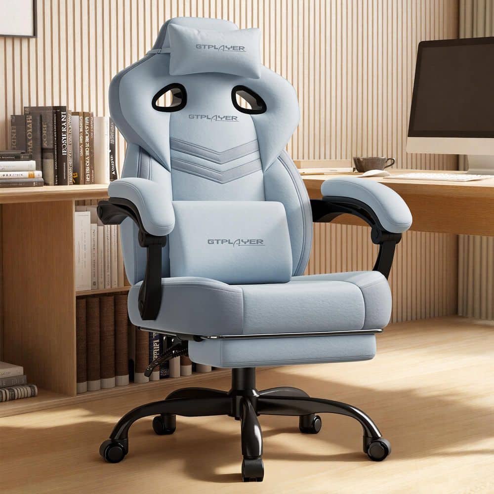 Big and Tall Gaming Chair Comfort Fabric Computer Chair 360°-Swivel Reclining Seat,Blue