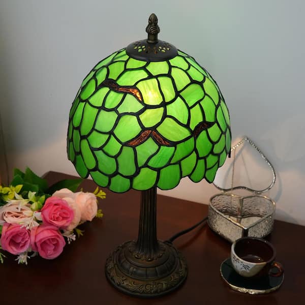 14 in. Multi-Colored Tiffany Style Bronze Finish Table Lamp with Green Leaf Stained Glass Lamp Shade