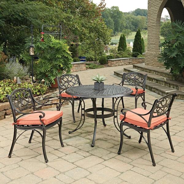 HOMESTYLES Biscayne Rust Bronze 5-Piece Cast Aluminum Outdoor Dining Set with Coral Cushions