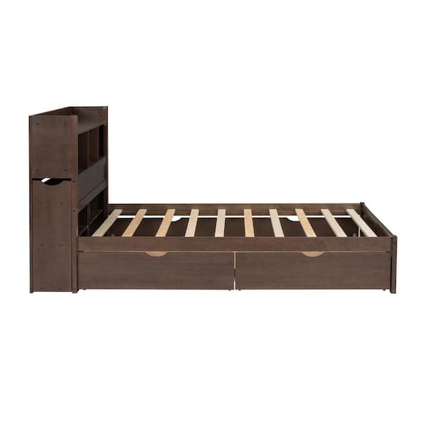 Espresso/Brown Wood Frame Full Size Platform Bed with Pull Out Shelves, Twin Size Trundle and (2-Drawers)