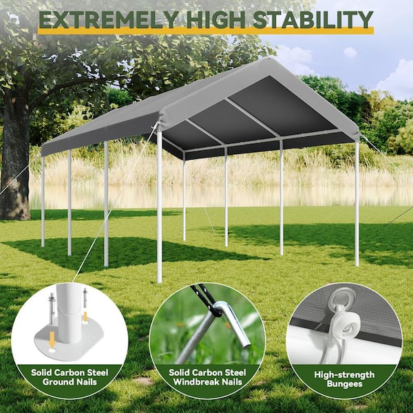 Sizzim 10 ft. x 20 ft. Gray Roof Steel Soft Top Carport for Cars