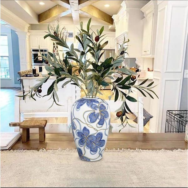 金色装飾の紺色陶器花瓶 9 in. Blue Ceramic Bottle Hand-Painted Porcelain Flower Vase with