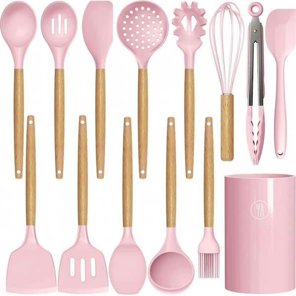14 Pack Heat-Resistant Cooking Utensils Set, BPA-Free Food-Grade Silicone, Non-Stick Cookware Safe, Wood Handle, Pink