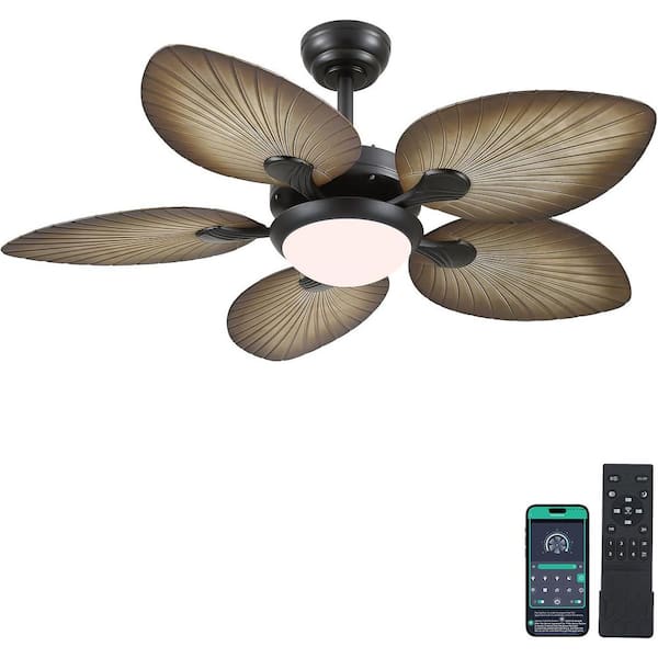 44 in. Indoor/Outdoor Black Retro 5 Palm Leaf Shaped Blades Ceiling Fan with Dimmable LED Light and Remote/APP