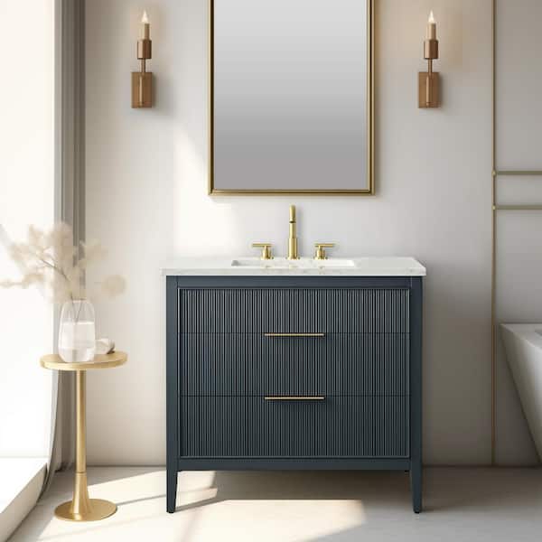 SUDIO Emma 36 in. W Bath Vanity in Vintage Blue with Engineered Stone Top in Arabescato with White Sink