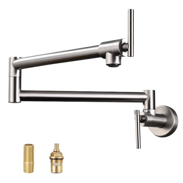 Restaurant Wall Mount Pot Filler Faucet Double Handle in Brushed Nickel