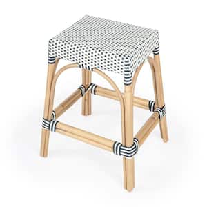 Robias 24.5 in. White and Navy Stripe Backless Rectangular Rattan Counter Stool (Qty 1)
