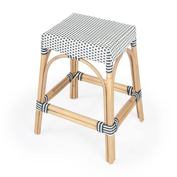 Butler Specialty Company Robias 24.5 in. White and Navy Stripe Backless Rectangular Rattan Counter Stool (Qty 1)