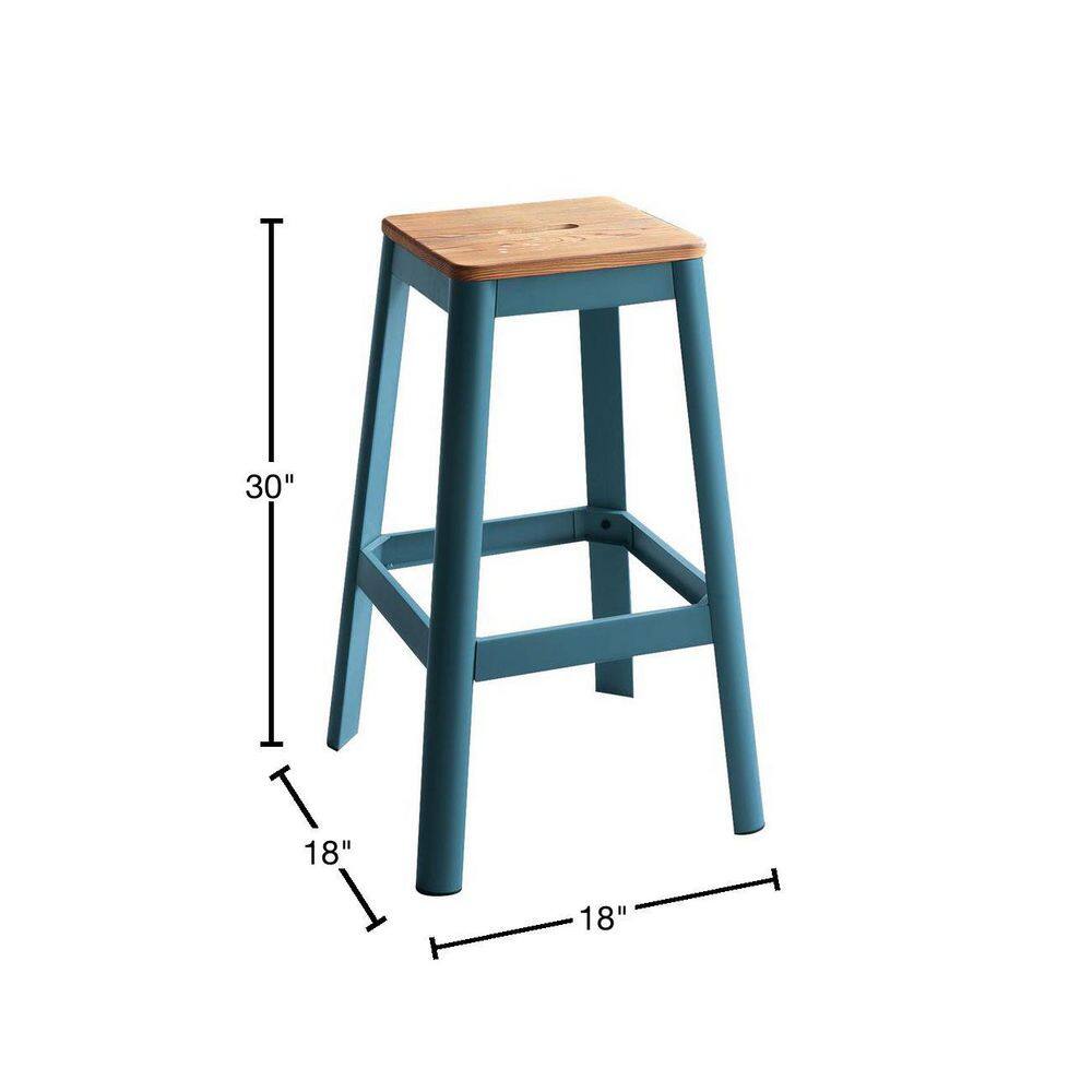 Natural Pine and Teal Metal Backless Bar Stool
