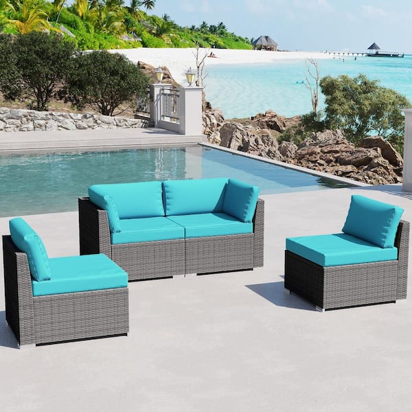 Gardenbee 4-Piece Wicker Outdoor Patio Sectional Sofa Conversation Set with Turquoise Cushions
