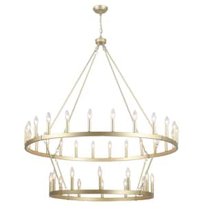 47.24 in. 36-Light Imitation Copper Gold Farmhouse Wagon Wheel Chandelier 2 Tier Large Round Industrial Pendant Light