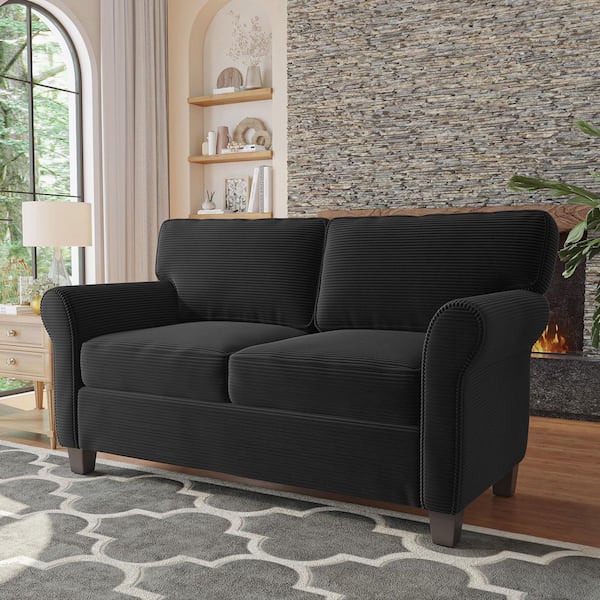 Esmont Modern Glam 57.09 in. Black Round Arms Corduroy Fabric Upholstered Rectangle 2-Seater Sofa Loveseat