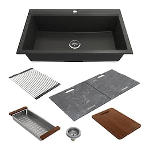 Baveno Lux Matte Black Granite Composite 34 in. Single Bowl Drop-In/Undermount Kitchen Sink w/Integrated WS and Covers