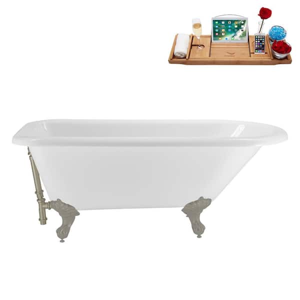 Streamline 62 in. x 29 in. Acrylic Clawfoot Soaking Bathtub in Glossy White with Brushed Nickel Drain, Brushed GunMetal Clawfeet
