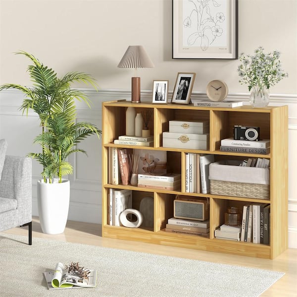 HONEY JOY 36.5 in. Tall Burlywood Wood 3-Shelf Storage Cube
