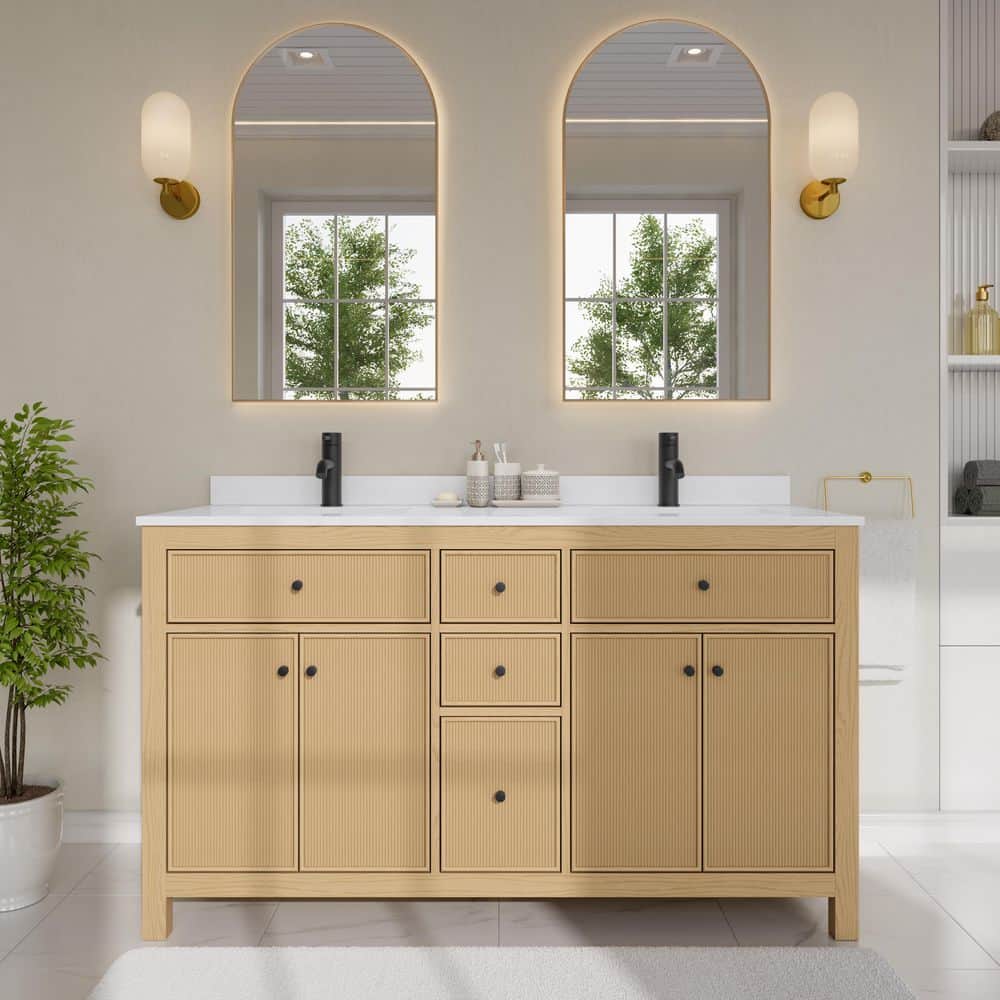 Pendry 60 in. Double Freestanding Tanned Oak Bath Vanity with White Cultured Marble Top Assembled price history on PriceWatchPro