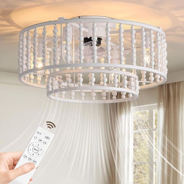 19 in. Indoor White Boho 2-Tier Wood Beaded Caged Flush Mount Fandelier Ceiling Fan with Remote Control No Bulb Included