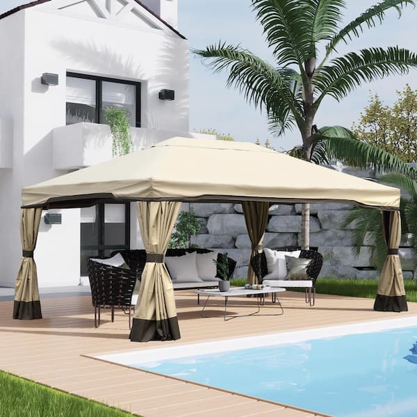 Aoodor 16 ft. x 12 ft. Khaki Aluminum Frame Outdoor Patio Soft Top Gazebo Party Event Canopy Tent w/Curtain and Mosquito Net