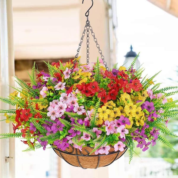 Solar Artificial Hanging Basket with String Lights 2 Lighting Modes 10 Inch Light Up Fall Hanging Baskets with Orange Faux Flowers for Porch Garden Patio House