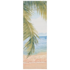 Barbados Gold/Blue 3 ft. x 10 ft. Runner Seashore Palm Leaf Indoor/Outdoor Area Rug