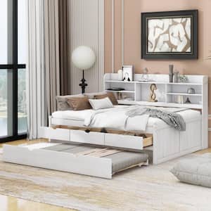 White Wood Frame Full Size Wooden Platform Bed with Built-in Bookshelves, 3 Storage Drawers and Trundle