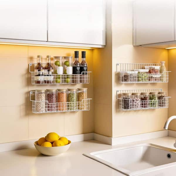 Spice Rack for Cabinet and Pantry Door, Hanging or Wall Mounted Spice Rack Saving Space for Kitchen, White (Set of 4)