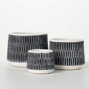 3 in., 4.25 in. and 5 in. Black Global Motif Low Profile Ceramic Pots (Set of 3)