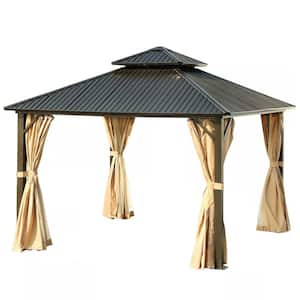 12 ft. x 12 ft. Brown Aluminum Frame Hardtop Roof Patio Gazebo w/Mosquito Netting and Curtains