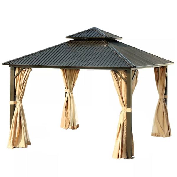 Aoodor 12 ft. x 12 ft. Brown Aluminum Frame Hardtop Roof Patio Gazebo w/Mosquito Netting and Curtains