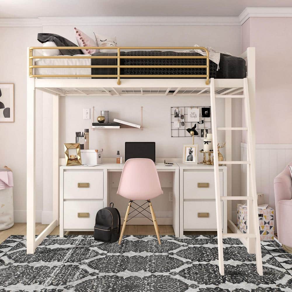 White and Gold Twin Metal Loft Bed with Headboard
