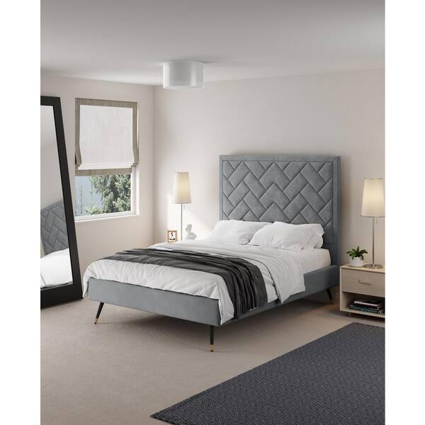 Manhattan Comfort Crosby Modern Gray Velvet Upholstered Wood Frame Full Platform Bed