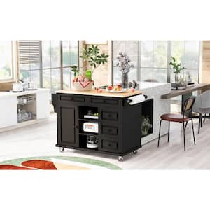 Black Solid Rubberwood Top 52.8 in. Kitchen Island Cart with Locking Wheels Adjust Shelves Storage and 5-Drawer
